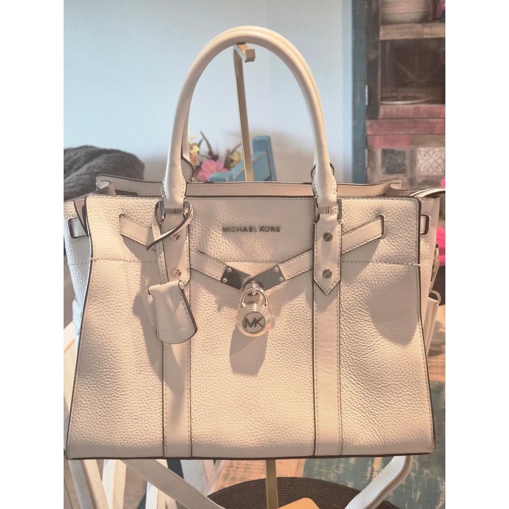 Michael Kors Hamilton Satchel White Pebbled Leather Crossbody Handbag Gold HW